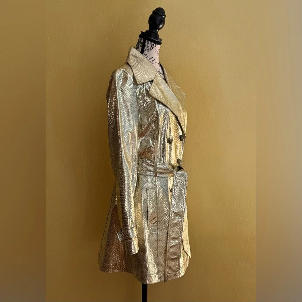 Metallic Gold Snake-Embossed Leather Belted Trench Jacket - Picture 8 of 15